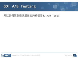 twMVC #25 – ASP.NET MVC A/B Testing http://mvc.tw
所以我們該怎麼讓網站能夠被很好的 A/B Test?
GO! A/B Testing
14
 