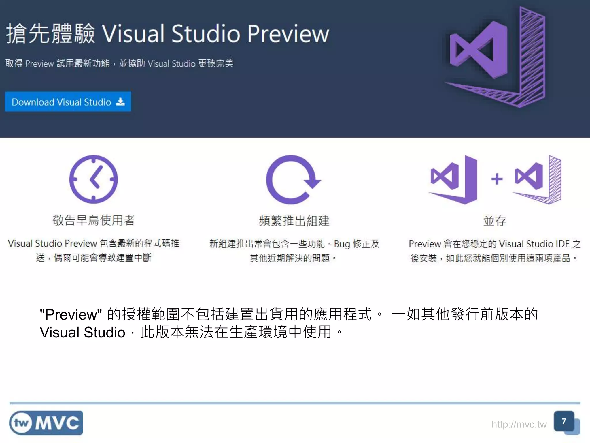 http://mvc.tw 7
"Preview" 的授權範圍不包括建置出貨用的應用程式。 一如其他發行前版本的
Visual Studio，此版本無法在生產環境中使用。
 
