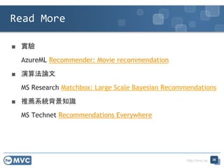 http://mvc.tw
■ 實驗
AzureML Recommender: Movie recommendation
■ 演算法論文
MS Research Matchbox: Large Scale Bayesian Recommendations
■ 推薦系統背景知識
MS Technet Recommendations Everywhere
Read More
36
 