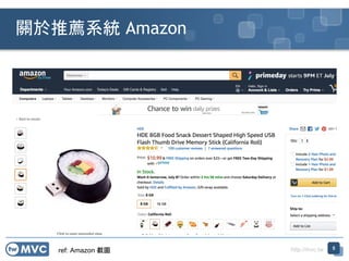 http://mvc.tw
關於推薦系統 Amazon
5
ref: Amazon 截圖
 