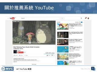 http://mvc.tw
關於推薦系統 YouTube
7
ref: YouTube 截圖
 