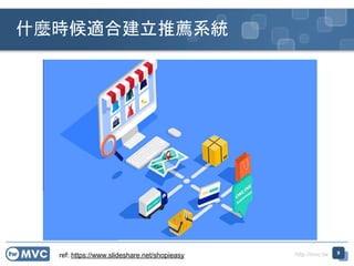 http://mvc.tw
什麼時候適合建立推薦系統
9
ref: https://www.slideshare.net/shopieasy
 