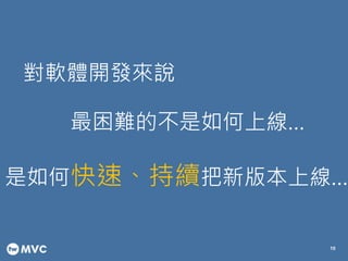 對軟體開發來說
最困難的不是如何上線…
是如何快速、持續把新版本上線…
10
 
