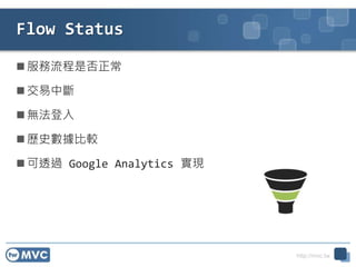 http://mvc.tw
Flow Status
 服務流程是否正常
 交易中斷
 無法登入
 歷史數據比較
 可透過 Google Analytics 實現
 