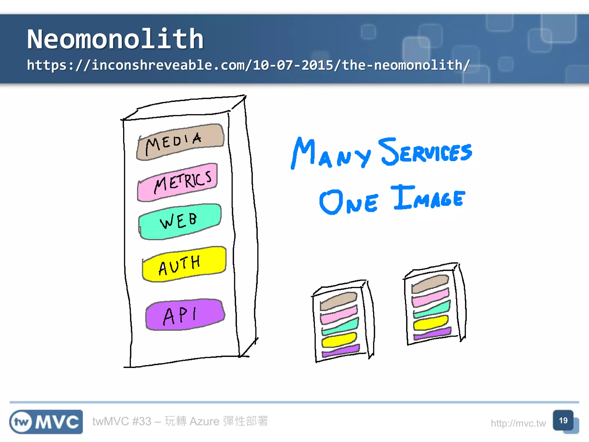 twMVC #33 – 玩轉 Azure 彈性部署 http://mvc.tw
Neomonolith
https://inconshreveable.com/10-07-2015/the-neomonolith/
19
 