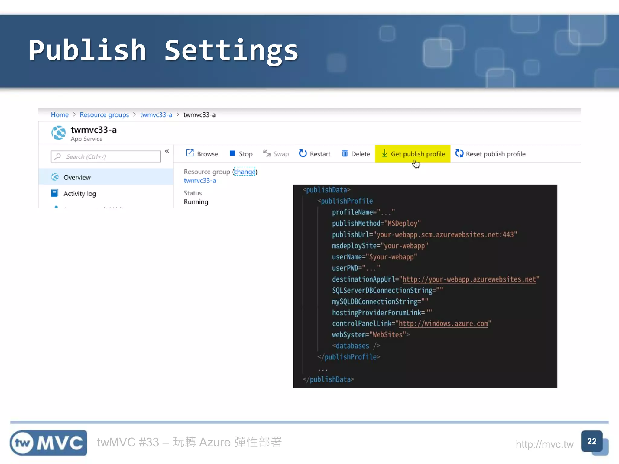 twMVC #33 – 玩轉 Azure 彈性部署 http://mvc.tw
Publish Settings
22
 