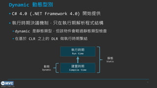 https://mvc.tw
Dynamic 動態型別
▪ C# 4.0 (.NET Framework 4.0) 開始提供
▪ 執行時期決議機制，只在執行期解析程式結構
▪ dynamic 是靜態類型，但該物件會略過靜態類型檢查
▪ 在基於 CLR 之上的 DLR 做執行時期繫結
8
建置時期
Compile time
執行時期
Run time
靜態
Static
動態
Dynamic
 