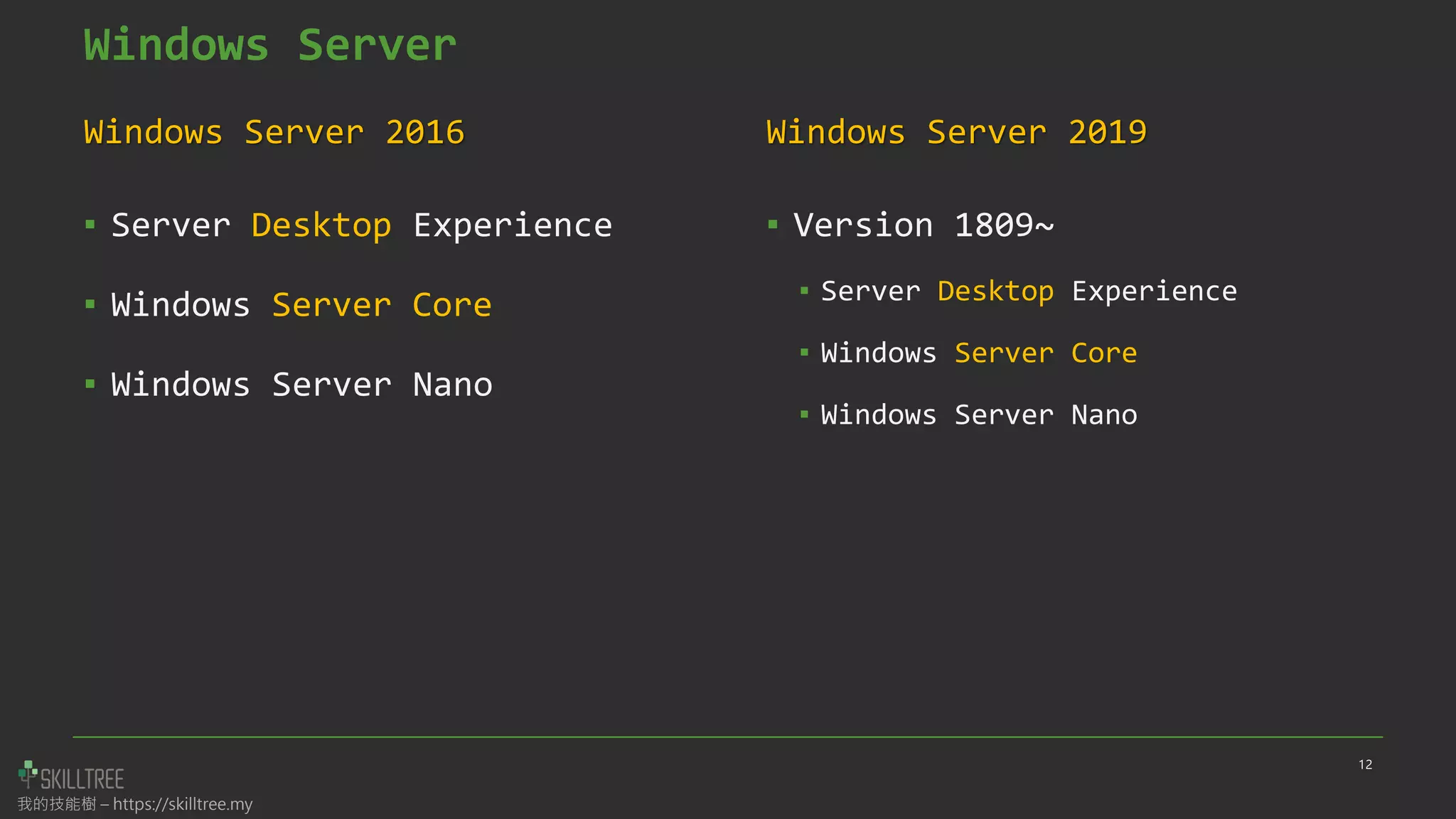我的技能樹 – https://skilltree.my
Windows Server
Windows Server 2016
▪ Server Desktop Experience
▪ Windows Server Core
▪ Windows Server Nano
Windows Server 2019
▪ Version 1809~
▪ Server Desktop Experience
▪ Windows Server Core
▪ Windows Server Nano
12
 