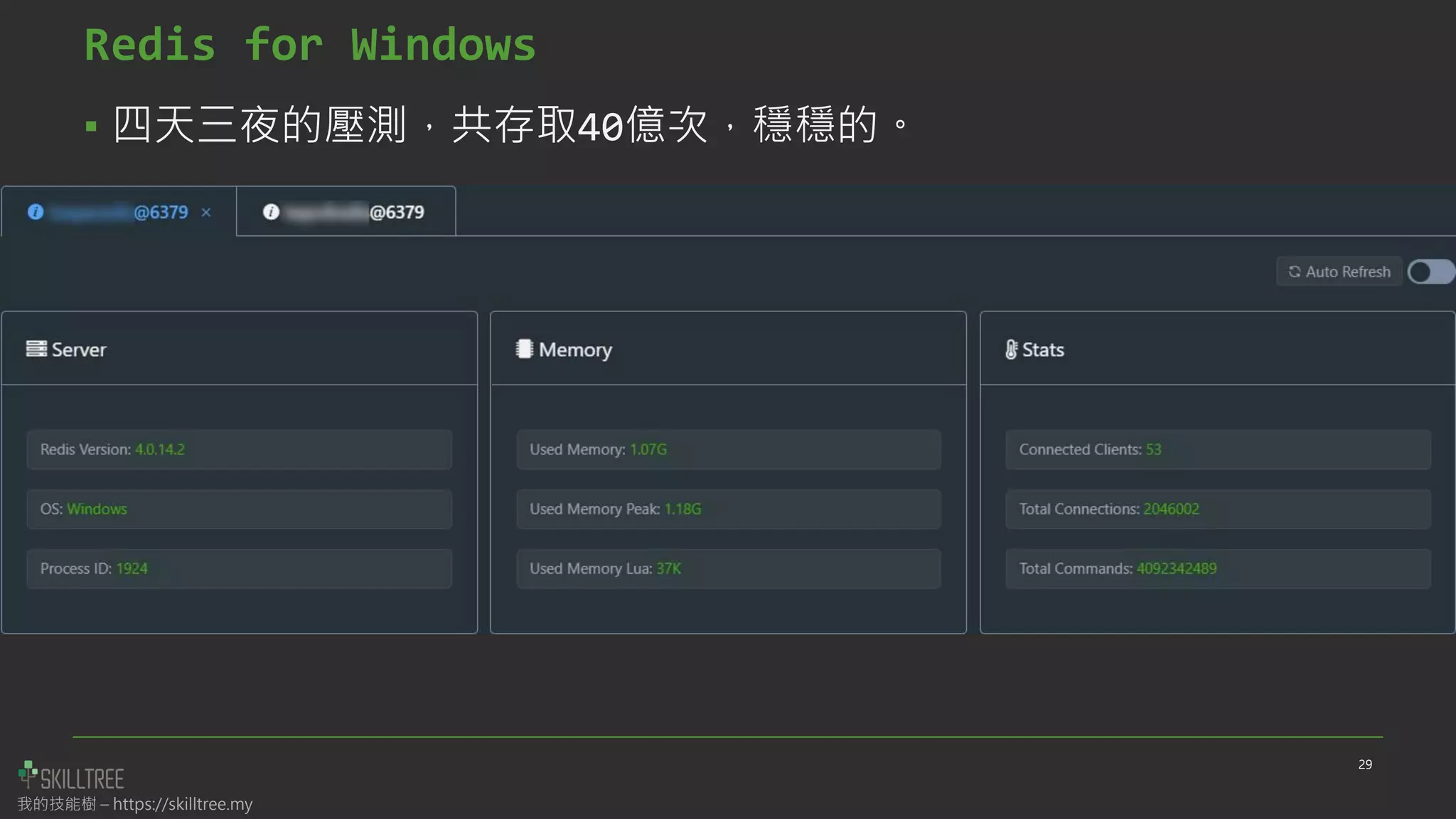 我的技能樹 – https://skilltree.my
Redis for Windows
▪ 四天三夜的壓測，共存取40億次，穩穩的。
29
 