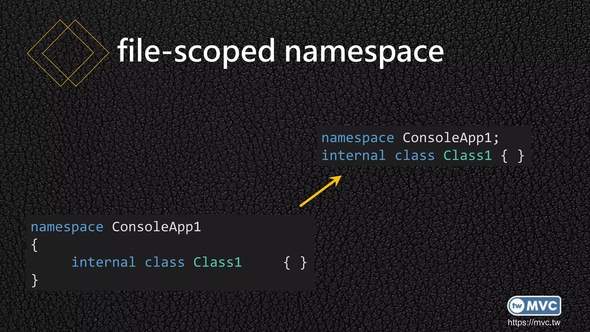 https://mvc.tw
file-scoped namespace
namespace ConsoleApp1;
internal class Class1 { }
namespace ConsoleApp1
{
internal class Class1 { }
}
 