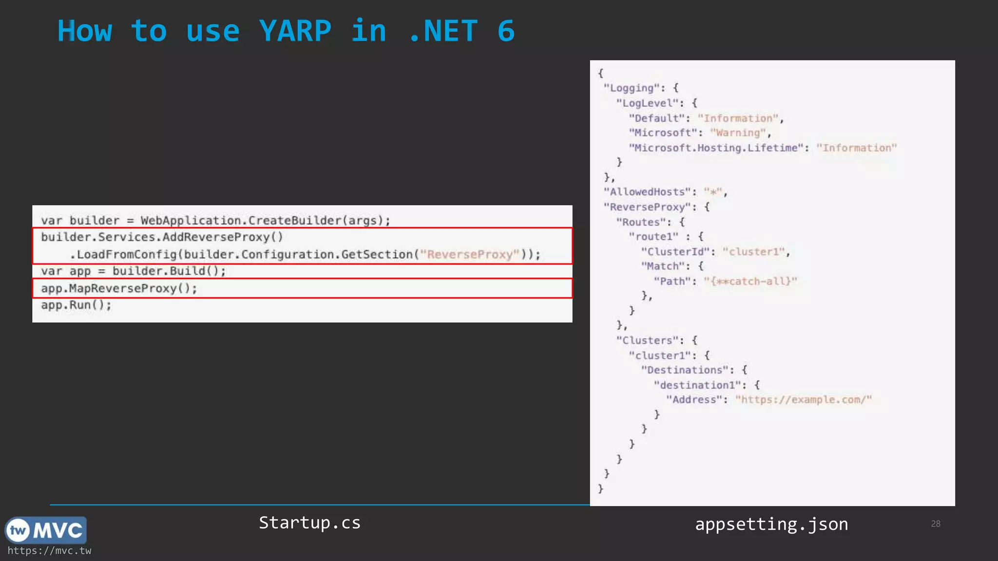 https://mvc.tw
How to use YARP in .NET 6
28
Startup.cs appsetting.json
 