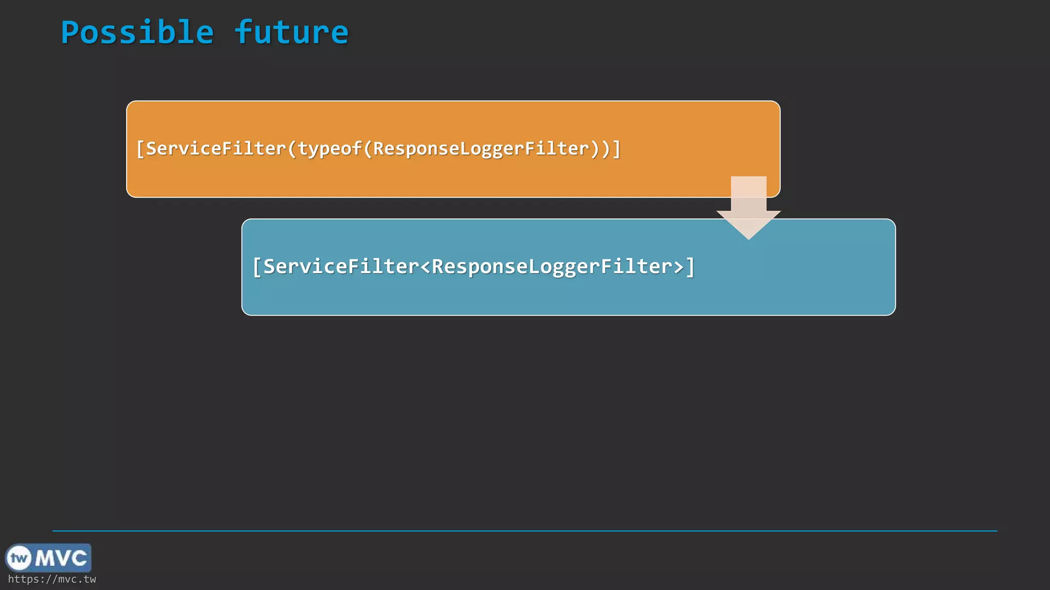 https://mvc.tw
[ServiceFilter(typeof(ResponseLoggerFilter))]
[ServiceFilter<ResponseLoggerFilter>]
Possible future
 