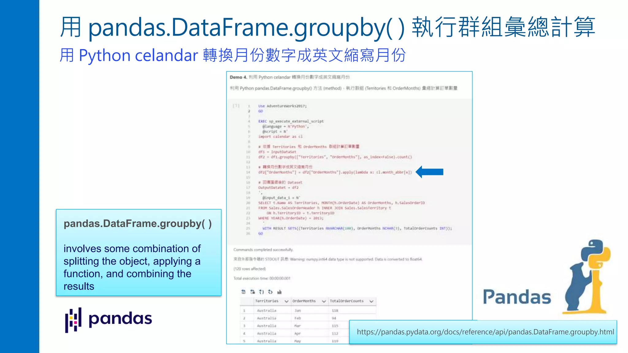 用 pandas.DataFrame.groupby( ) 執行群組彙總計算
用 Python celandar 轉換月份數字成英文縮寫月份
https://pandas.pydata.org/docs/reference/api/pandas.DataFrame.groupby.html
pandas.DataFrame.groupby( )
involves some combination of
splitting the object, applying a
function, and combining the
results
 