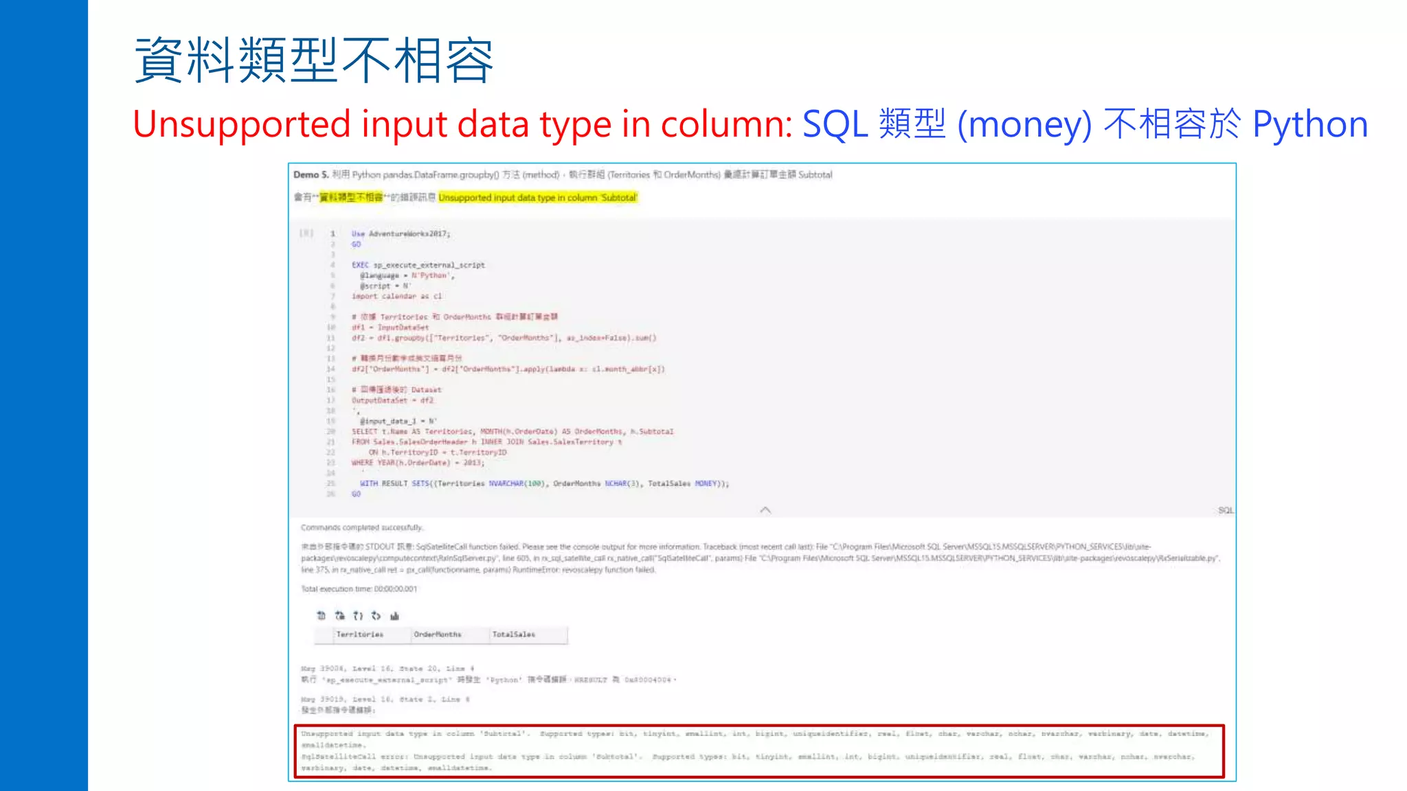 資料類型不相容
Unsupported input data type in column: SQL 類型 (money) 不相容於 Python
 