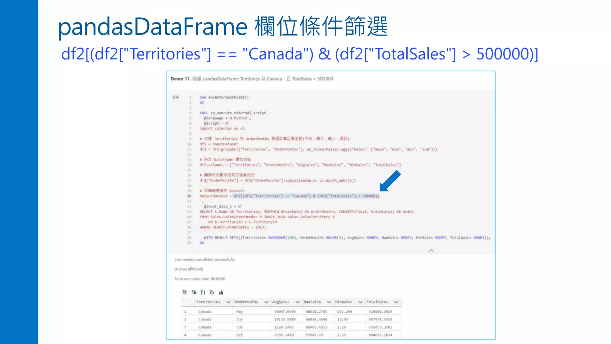 pandasDataFrame 欄位條件篩選
df2[(df2["Territories"] == "Canada") & (df2["TotalSales"] > 500000)]
 