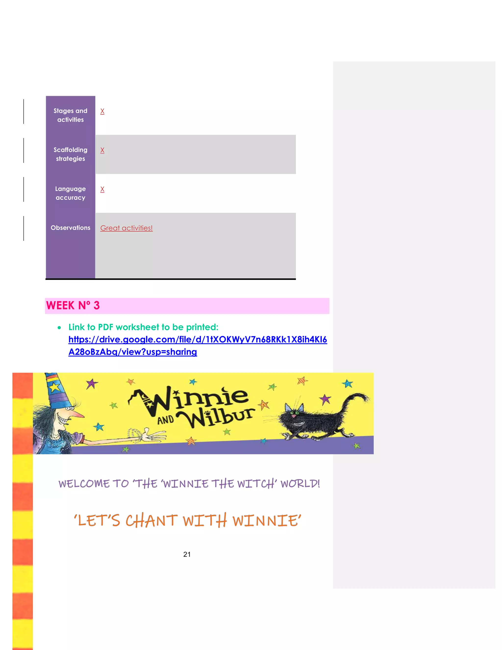 21
Stages and
activities
X
Scaffolding
strategies
X
Language
accuracy
X
Observations Great activities!
WEEK Nº 3
 Link to PDF worksheet to be printed:
https://drive.google.com/file/d/1tXOKWyV7n68RKk1X8ih4KI6
A28oBzAbq/view?usp=sharing
 