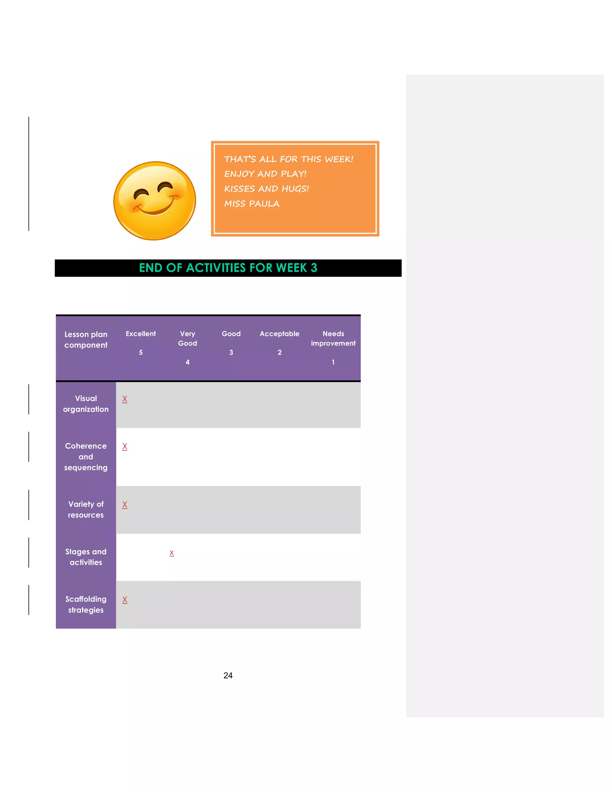 24
END OF ACTIVITIES FOR WEEK 3
Lesson plan
component
Excellent
5
Very
Good
4
Good
3
Acceptable
2
Needs
improvement
1
Visual
organization
X
Coherence
and
sequencing
X
Variety of
resources
X
Stages and
activities
x
Scaffolding
strategies
X
THAT’S ALL FOR THIS WEEK!
ENJOY AND PLAY!
KISSES AND HUGS!
MISS PAULA
 
