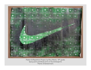 Pattern & Repetition Project, by Rory Martin, 10th grade.
Spray paint and block print on found blueprint.
Theme: Entertainment.
 