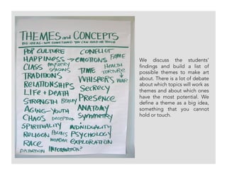 We discuss the students’
findings and build a list of
possible themes to make art
about. There is a lot of debate
about which topics will work as
themes and about which ones
have the most potential. We
define a theme as a big idea,
something that you cannot
hold or touch.
 