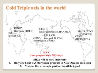 Cold Triple axis in the world
LTAS, C11
(stopped, JRR3M)
CTAS
(under commission, HANARO)
SIKA
(User program since 2015 July)
CHINA
(construction, CARR)
PANDA
(Germany FRM-II)
IN14
(Frence ILL)
SIKA will be very important
1. Only one Cold TAS starts user program in Asia-Oceania area soon
2. Neutron flux at sample position is (will be) good
MACS, SPINS
(NIST,NCNR)
CTAX
(HIFR,ORNL)
 