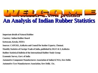 A rubber Grower presents An Analysis of Indian Rubber Statistics WELCOME Important details of Natural Rubber Courtesy: Indian Rubber Board Kottayam, Kerala, INDIA Sources: CAPEXIL, Kolkatta and Council for leather Exports, Chennai. Monthly Statistics of Foreign Trade of India, published by DGCI & S, Kolkotta Rubber Statistical Bulletin of the International Rubber Study Group Economic Survey, Govt. of India Automotive Component Manufacturers Association of India(ACMA), New Delhi. Automotive Tyre Manufacturers Association, New Delhi.  Etc. 
