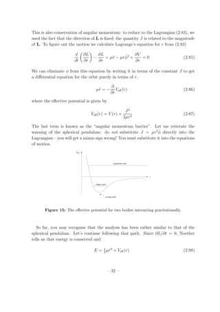 This is also conservation of angular momentum: to reduce to the Lagrangian (2.83), we
used the fact that the direction of L is ﬁxed; the quantity J is related to the magnitude
of L. To ﬁgure out the motion we calculate Lagrange’s equation for r from (2.83)
d
dt
∂L
∂ ˙r
−
∂L
∂r
= µ¨r − µr ˙φ2
+
∂V
∂r
= 0 (2.85)
We can eliminate ˙φ from this equation by writing it in terms of the constant J to get
a diﬀerential equation for the orbit purely in terms of r,
µ¨r = −
∂
∂r
Veﬀ(r) (2.86)
where the eﬀective potential is given by
Veﬀ(r) = V (r) +
J2
2µr2
(2.87)
The last term is known as the “angular momentum barrier”. Let me reiterate the
warning of the spherical pendulum: do not substitute J = µr2 ˙φ directly into the
Lagrangian – you will get a minus sign wrong! You must substitute it into the equations
of motion.
Veff
r
hyperbolic orbit
elliptic orbit
circular orbit
Figure 15: The eﬀective potential for two bodies interacting gravitationally.
So far, you may recognise that the analysis has been rather similar to that of the
spherical pendulum. Let’s continue following that path. Since ∂L/∂t = 0, Noether
tells us that energy is conserved and
E = 1
2
µ ˙r2
+ Veﬀ(r) (2.88)
– 32 –
 
