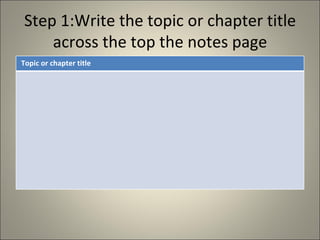 Step 1:Write the topic or chapter title across the top the notes page Topic or chapter title 