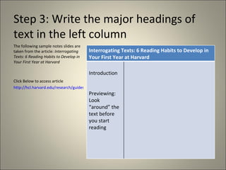 Step 3: Write the major headings of text in the left column The following sample notes slides are taken from the article:  Interrogating Texts: 6 Reading Habits to Develop in Your First Year at Harvard Click Below to access article http://hcl.harvard.edu/research/guides/lamont_handouts/interrogatingtexts.html Interrogating Texts: 6 Reading Habits to Develop in Your First Year at Harvard  Introduction Previewing: Look “around” the text before you start reading 