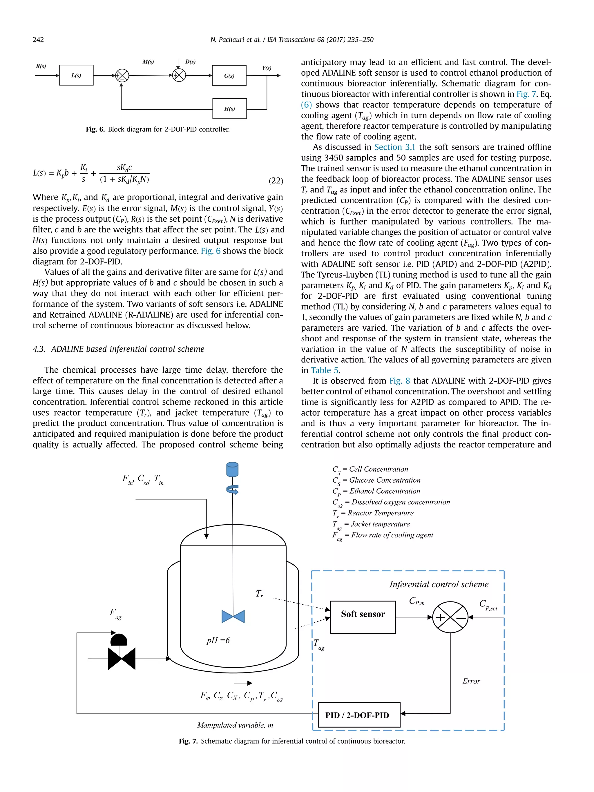 ( ) = + +
( + ) ( )
L s K b
K
s
sK c
sK K N1 / 22
p
i d
d p
Where Kp,Ki, and Kd are proportional, integral and derivative gain
respectively. ( )E s is the error signal, ( )M s is the control signal, ( )Y s
is the process output (CP), ( )R s is the set point (CPset), N is derivative
ﬁlter, c and b are the weights that affect the set point. The ( )L s and
( )H s functions not only maintain a desired output response but
also provide a good regulatory performance. Fig. 6 shows the block
diagram for 2-DOF-PID.
Values of all the gains and derivative ﬁlter are same for L(s) and
H(s) but appropriate values of b and c should be chosen in such a
way that they do not interact with each other for efﬁcient per-
formance of the system. Two variants of soft sensors i.e. ADALINE
and Retrained ADALINE (R-ADALINE) are used for inferential con-
trol scheme of continuous bioreactor as discussed below.
4.3. ADALINE based inferential control scheme
The chemical processes have large time delay, therefore the
effect of temperature on the ﬁnal concentration is detected after a
large time. This causes delay in the control of desired ethanol
concentration. Inferential control scheme reckoned in this article
uses reactor temperature (Tr), and jacket temperature (Tag) to
predict the product concentration. Thus value of concentration is
anticipated and required manipulation is done before the product
quality is actually affected. The proposed control scheme being
anticipatory may lead to an efﬁcient and fast control. The devel-
oped ADALINE soft sensor is used to control ethanol production of
continuous bioreactor inferentially. Schematic diagram for con-
tinuous bioreactor with inferential controller is shown in Fig. 7. Eq.
(6) shows that reactor temperature depends on temperature of
cooling agent (Tag) which in turn depends on ﬂow rate of cooling
agent, therefore reactor temperature is controlled by manipulating
the ﬂow rate of cooling agent.
As discussed in Section 3.1 the soft sensors are trained ofﬂine
using 3450 samples and 50 samples are used for testing purpose.
The trained sensor is used to measure the ethanol concentration in
the feedback loop of bioreactor process. The ADALINE sensor uses
Tr and Tag as input and infer the ethanol concentration online. The
predicted concentration (CP) is compared with the desired con-
centration (CPset) in the error detector to generate the error signal,
which is further manipulated by various controllers. The ma-
nipulated variable changes the position of actuator or control valve
and hence the ﬂow rate of cooling agent (Fag). Two types of con-
trollers are used to control product concentration inferentially
with ADALINE soft sensor i.e. PID (APID) and 2-DOF-PID (A2PID).
The Tyreus-Luyben (TL) tuning method is used to tune all the gain
parameters Kp, Ki and Kd of PID. The gain parameters Kp, Ki and Kd
for 2-DOF-PID are ﬁrst evaluated using conventional tuning
method (TL) by considering N, b and c parameters values equal to
1, secondly the values of gain parameters are ﬁxed while N, b and c
parameters are varied. The variation of b and c affects the over-
shoot and response of the system in transient state, whereas the
variation in the value of N affects the susceptibility of noise in
derivative action. The values of all governing parameters are given
in Table 5.
It is observed from Fig. 8 that ADALINE with 2-DOF-PID gives
better control of ethanol concentration. The overshoot and settling
time is signiﬁcantly less for A2PID as compared to APID. The re-
actor temperature has a great impact on other process variables
and is thus a very important parameter for bioreactor. The in-
ferential control scheme not only controls the ﬁnal product con-
centration but also optimally adjusts the reactor temperature and
L(s) G(s)
H(s)
R(s)
M(s)
Y(s)
D(s)
Fig. 6. Block diagram for 2-DOF-PID controller.
Error
F , C , T
Fe, Cs, CX , CP
,Tr
,Co2
Soft sensor
CP,set
Tr
Tag
CP,m
PID / 2-DOF-PID
Fag
Inferential control scheme
C = Cell Concentration
C = Glucose Concentration
C = Ethanol Concentration
C = Dissolved oxygen concentration
T = Reactor Temperature
T = Jacket temperature
F = Flow rate of cooling agent
Manipulated variable, m
pH =6
Fig. 7. Schematic diagram for inferential control of continuous bioreactor.
N. Pachauri et al. / ISA Transactions 68 (2017) 235–250242
 