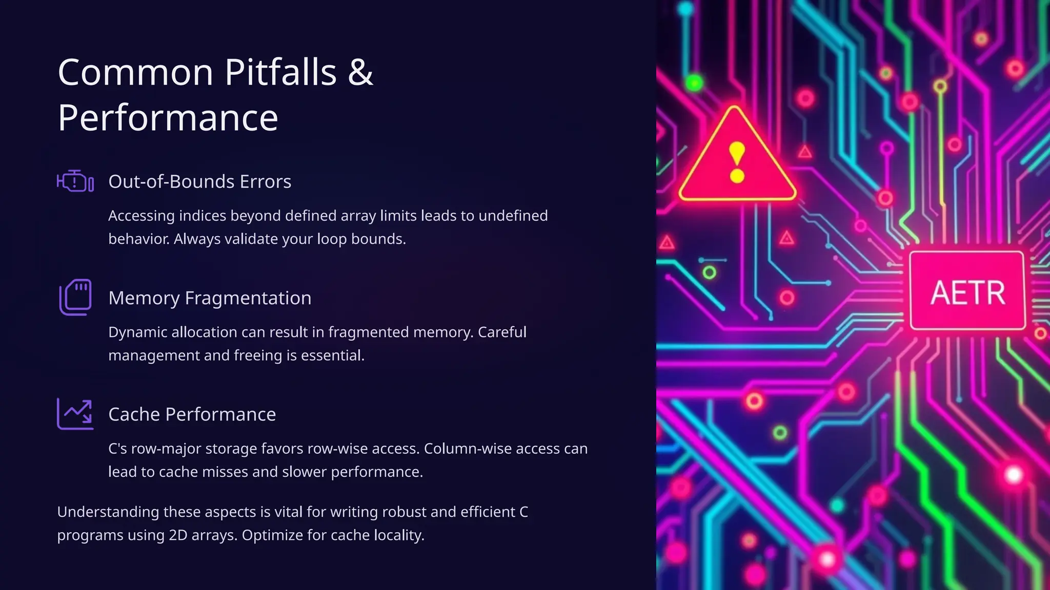 Common Pitfalls &
Performance
Out-of-Bounds Errors
Accessing indices beyond defined array limits leads to undefined
behavior. Always validate your loop bounds.
Memory Fragmentation
Dynamic allocation can result in fragmented memory. Careful
management and freeing is essential.
Cache Performance
C's row-major storage favors row-wise access. Column-wise access can
lead to cache misses and slower performance.
Understanding these aspects is vital for writing robust and efficient C
programs using 2D arrays. Optimize for cache locality.
 