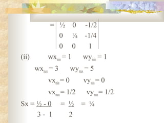 = ½ 0 -1/2
                0 ¼ -1/4
                0 0    1
(ii)        wxmin = 1 wymin = 1
       wxmax = 3        wymax = 5
            vxmin = 0        vymin = 0
            vxmax = 1/2       vymax = 1/2
Sx = ½ - 0         = ½      = ¼
     3- 1            2
 
