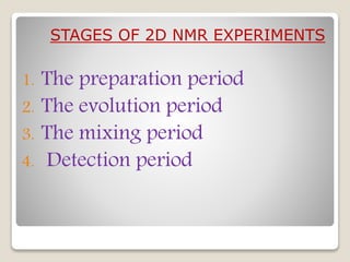 1. The preparation period
2. The evolution period
3. The mixing period
4. Detection period
STAGES OF 2D NMR EXPERIMENTS
 