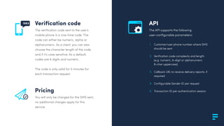 Veriﬁcation code
The veriﬁcation code sent to the user’s
mobile phone is a one-time code. The
code can either be numeric, alpha or
alphanumeric. As a client, you can also
choose the character length of the code
and if it’s case sensitive. As a default,
codes are 6 digits and numeric.
The code is only valid for 5 minutes for
each transaction request.
Pricing
You will only be charged for the SMS sent,
no additional charges apply for this
service.
1563
1.
2.
3.
4.
5.
API
The API supports the following
user-conﬁgurable parameters:
Customer/user phone number where SMS
should be sent
Veriﬁcation code complexity and length
(e.g. numeric, 6-digit or alphanumeric
8-char uppercase)
Callback URL to receive delivery reports, if
required
Conﬁgurable Sender ID per request
Transaction ID per authentication session
 