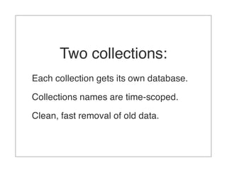 Two collections:
Each collection gets its own database.

Collections names are time-scoped.

Clean, fast removal of old data.
 