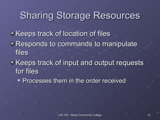 Sharing Storage Resources Keeps track of location of files Responds to commands to manipulate files Keeps track of input and output requests for files Processes them in the order received 