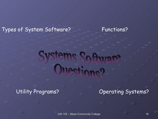 Systems Software Questions? Types of System Software? Functions? Utility Programs? Operating Systems? 