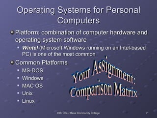Operating Systems for Personal Computers Platform: combination of computer hardware and operating system software Wintel  (Microsoft Windows running on an Intel-based PC) is one of the most common Common Platforms MS-DOS Windows MAC OS Unix Linux Your Assignment: Comparison Matrix 