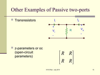 K R K Rao - July 2014 15
Other Examples of Passive two-ports
 Transresistors
 z-parameters or oc
(open-circuit
parameters)
R R
R R
 
 
 
R
+
Vi
-
+
Vo
-
Ii
Io
 