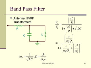 K R K Rao - July 2014 22
Band Pass Filter
 Antenna, IF/RF
Transformers
2
2
2
1
1
o
i
o
o o
sL
V R
sL
V
s LC
R
s
Q
s s
Q

 
 
 
 

 
 
 
 
 
 
 

 
 
  
   
   
R
C L
1
;
o
o
R
Q
L
LC


 
 