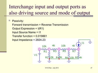 K R K Rao - July 2014 27
Interchange input and output ports as
also driving source and mode of output
 Passivity:
Forward transmission = Reverse Transmission
Output Expression = I(R1)
Input Source Name = I1
Transfer function = 0.019861
Input Impedance = 2824.23
 