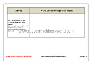 Two-Roll Rubber Mixing Mill Selection Questionnaire