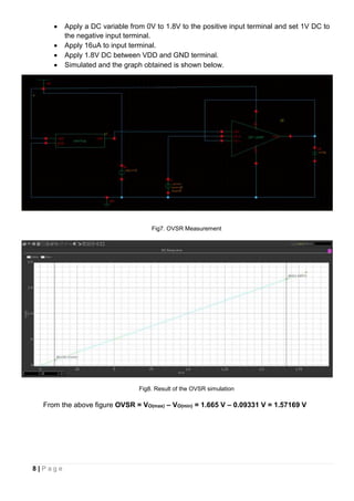 8 | P a g e
 Apply a DC variable from 0V to 1.8V to the positive input terminal and set 1V DC to
the negative input terminal.
 Apply 16uA to input terminal.
 Apply 1.8V DC between VDD and GND terminal.
 Simulated and the graph obtained is shown below.
Fig7. OVSR Measurement
Fig8. Result of the OVSR simulation
From the above figure OVSR = VO(max) – VO(min) = 1.665 V – 0.09331 V = 1.57169 V
 