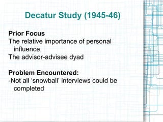 Decatur Study (1945-46)
Prior Focus
The relative importance of personal
influence
The advisor-advisee dyad
Problem Encountered:
-Not all ‘snowball’ interviews could be
completed
 