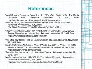 References
Social Science Research Council. (n.d.). Elihu Katz: bibliography. The Media
Research Hub. Retrieved, November 12, 2012, from:
http://mediaresearchhub.ssrc.org/elihu-katz/person_view
Bellis, M. (2012).20th century timeline - the industrial thirties. About.com.
Retrieved, November 12, 2012, from:
http://inventors.about.com/od/timelines/a/twentieth_4.htm
“What Events Happened in 1957.” (2004-2012). The People History: Where
People Memories and History Join. Retrieved, November 12, 2012, from:
http://www.thepeoplehistory.com/1957.html
“Two-step flow theory.” (2010). Communication Theories. Retrieved, November
12, 2012, from:
Wu, S., Hoffman, J.M., Mason, W.A., & Watts, D.J. (2011). Who says what to
whom on Twitter. Yahoo! Research. Retrieved, November 12, 2012, from:
http://research.yahoo.com/pub/3386
“Two step flow theory.” (n.d.). University of Twente. Retrieved, November 12,
2012, from:
“Media research of the 1940s” (2012). The Hebrew University of Jerusalem.
Retrieved, November 12, 2012, from:
http://communication.mscc.huji.ac.il/upload/File/KatzCV.pdf
 