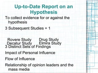 Up-to-Date Report on an
Hypothesis
To collect evidence for or against the
hypothesis
3 Subsequent Studies + 1
3 Distinct Sets of Findings
Impact of Personal Influence
Flow of Influence
Relationship of opinion leaders and the
mass media
Rovere Study
Decatur Study
Drug Study
Elmira Study
 