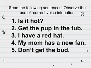 1. Is it hot?
2. Get the pup in the tub.
3. I have a red hat.
4. My mom has a new fan.
5. Don’t get the bud.
Read the following sentences. Observe the
use of correct voice intonation
 