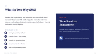 01
What Is Two-Way SMS?
Two-Way SMS lets businesses send and receive texts from a single virtual
number. Unlike one-way SMS, which only pushes information out, it lets
customers reply, ask questions, confirm actions, and give feedback — turning
notifications into real dialogue.
COMMON USE CASES
Booking & rescheduling notifications
Customer support & query handling
Feedback and satisfaction surveys
Payment reminders & verification
Order tracking and delivery updates
I D E A L F O R
Time-Sensitive
Engagement
Customer service, marketing, and logistics all depend on
quick, two-directional communication.
Turns idle notifications into ongoing conversations
02
DIALINGER · TWO-WAY SMS
 