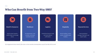 06
Who Can Benefit from Two-Way SMS?
Retail & eCommerce
Answer product inquiries,
confirm orders, and manage
returns.
Healthcare
Set appointments, send
reminders, and handle
reschedule requests.
Logistics
Provide time frames for tasks
and receive delivery
confirmations.
Hospitality
Receive bookings, answer
queries, and gather guest
feedback.
Financial Services
Send transactional
messages, fraud alerts, and
support replies.
Any engagement-driven industry that relies on time-sensitive communication can put Two-Way SMS to work.
07
DIALINGER · TWO-WAY SMS
 