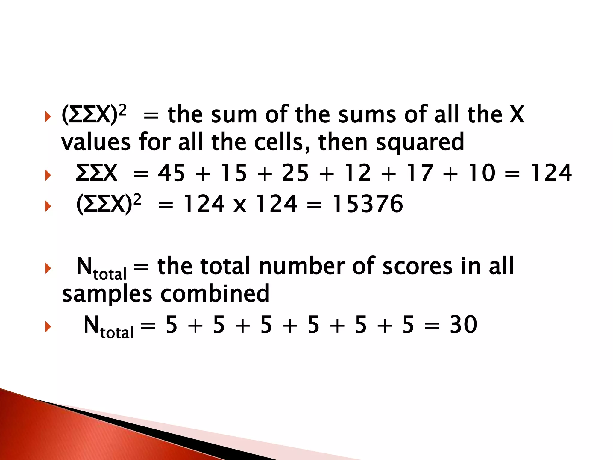  (ΣΣX)2 = the sum of the sums of all the X
values for all the cells, then squared
 ΣΣX = 45 + 15 + 25 + 12 + 17 + 10 = 124
 (ΣΣX)2 = 124 x 124 = 15376
 Ntotal = the total number of scores in all
samples combined
 Ntotal = 5 + 5 + 5 + 5 + 5 + 5 = 30
 