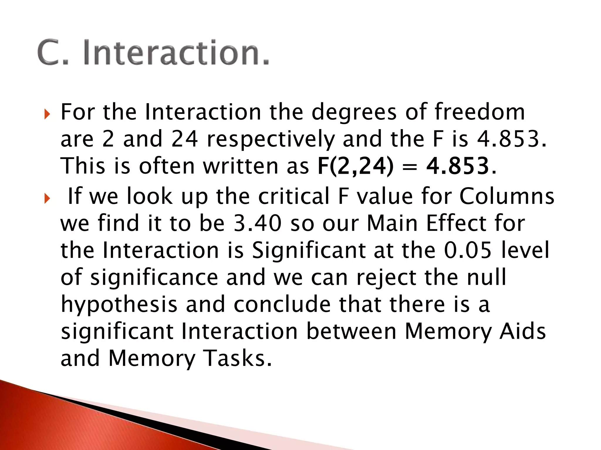  For the Interaction the degrees of freedom
are 2 and 24 respectively and the F is 4.853.
This is often written as F(2,24) = 4.853.
 If we look up the critical F value for Columns
we find it to be 3.40 so our Main Effect for
the Interaction is Significant at the 0.05 level
of significance and we can reject the null
hypothesis and conclude that there is a
significant Interaction between Memory Aids
and Memory Tasks.
 